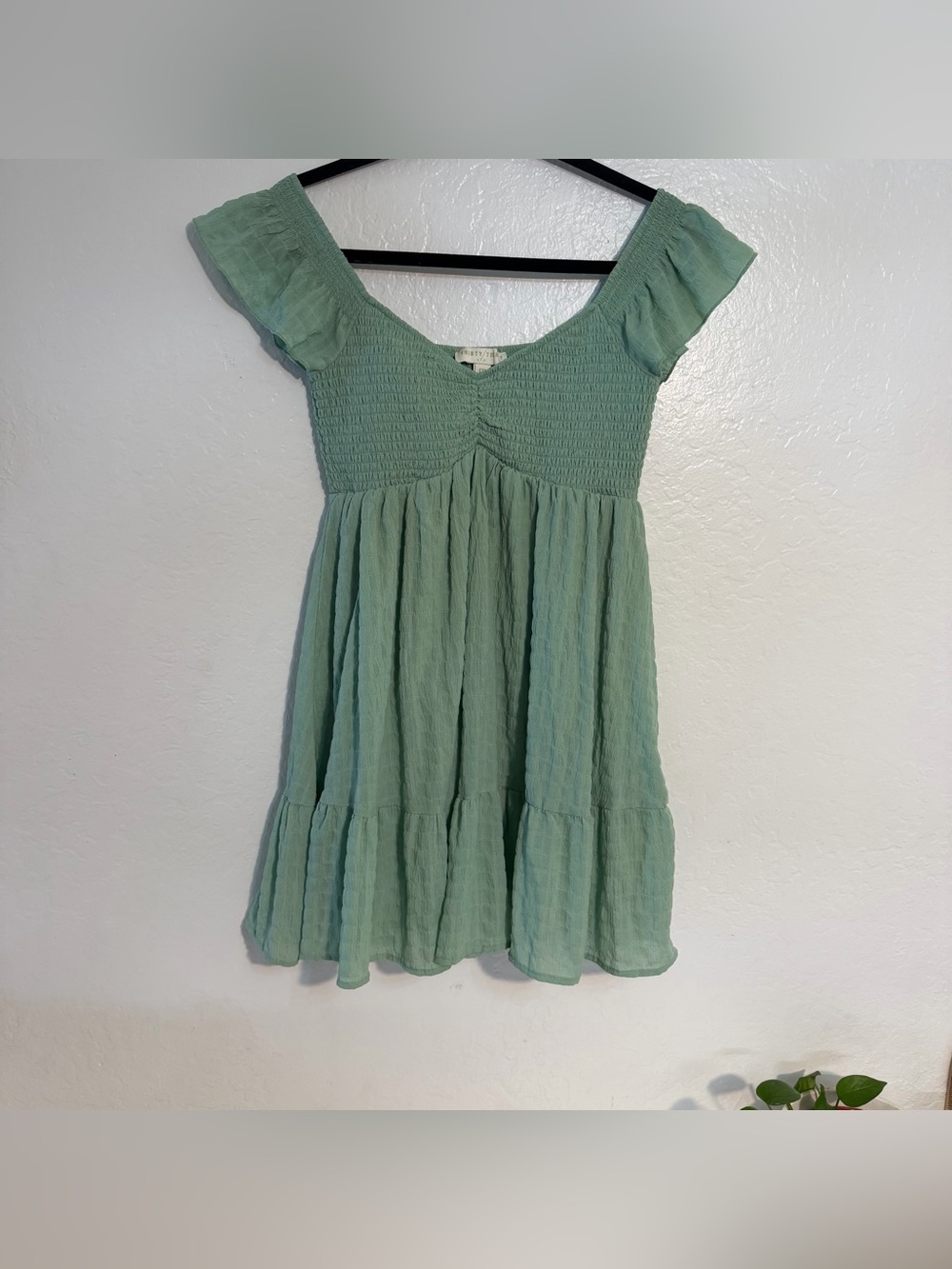 Thirty Thirty LA Sage Green Off Shoulder Smocked Tiered Ruffle Mini Dress M